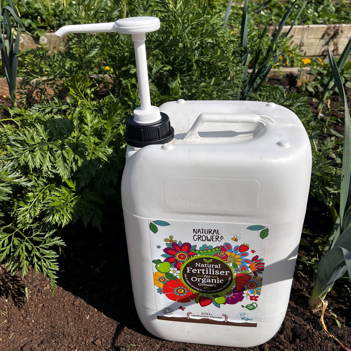 Reusable dispensing pump fitted to Natural Grower 10L Liquid Fertiliser jerry can