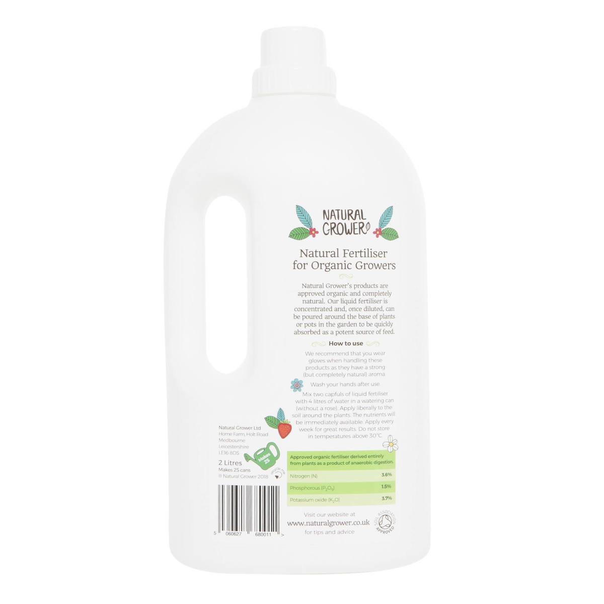 Natural Grower Liquid Fertiliser 2L bottle showing dilution and application instructions