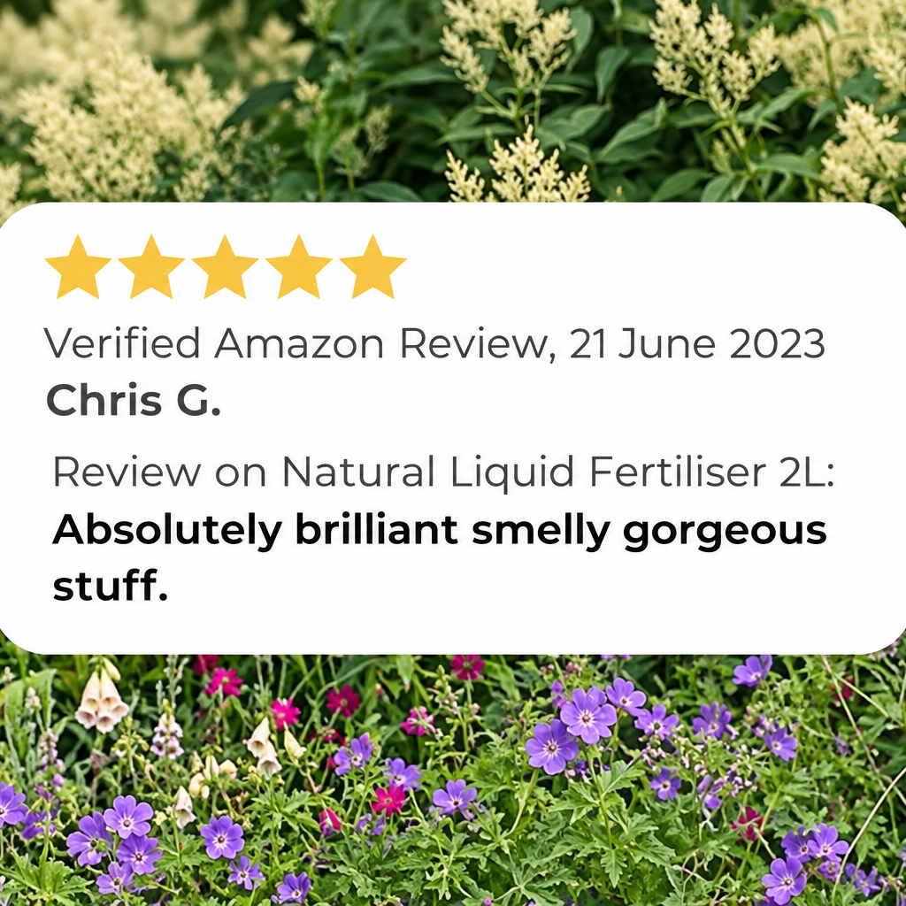 Five-star verified Amazon customer review of Natural Grower Liquid Fertiliser 2L