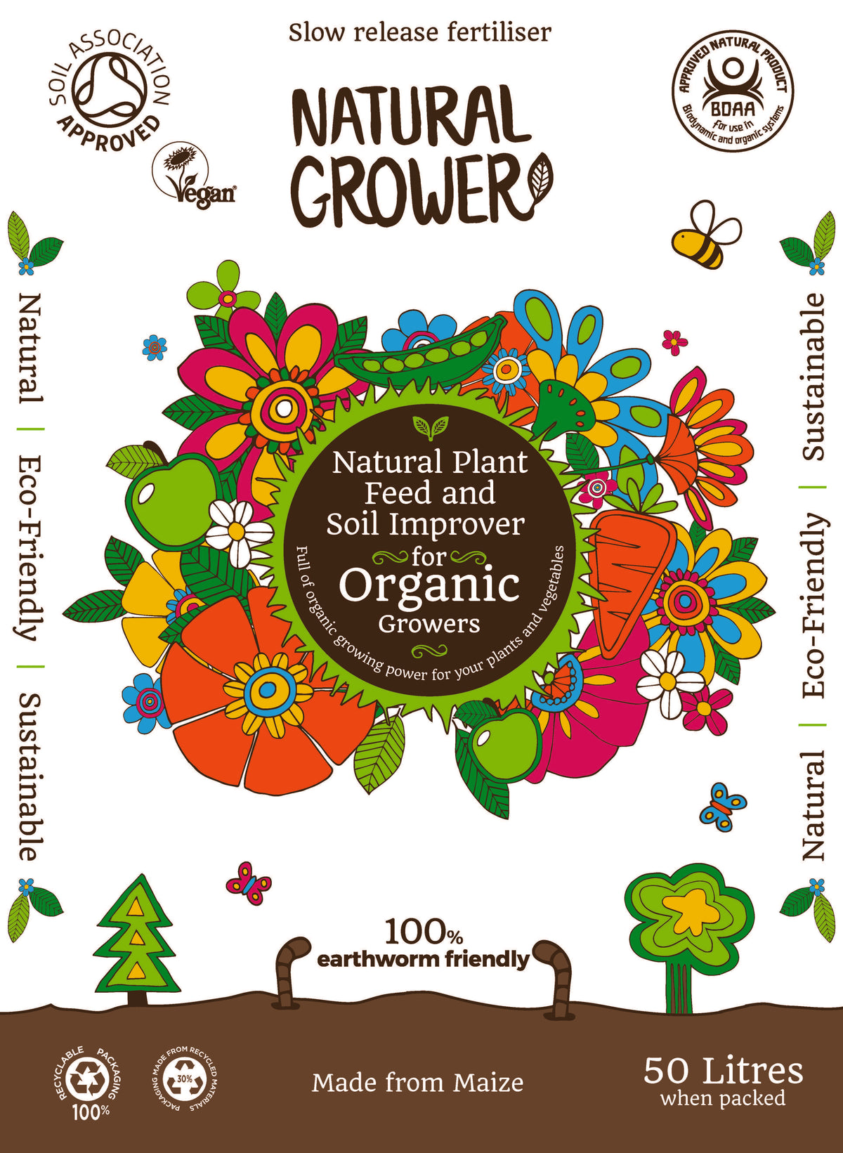 Natural Grower Plant Feed & Soil Improver illustrated product packaging and growing information