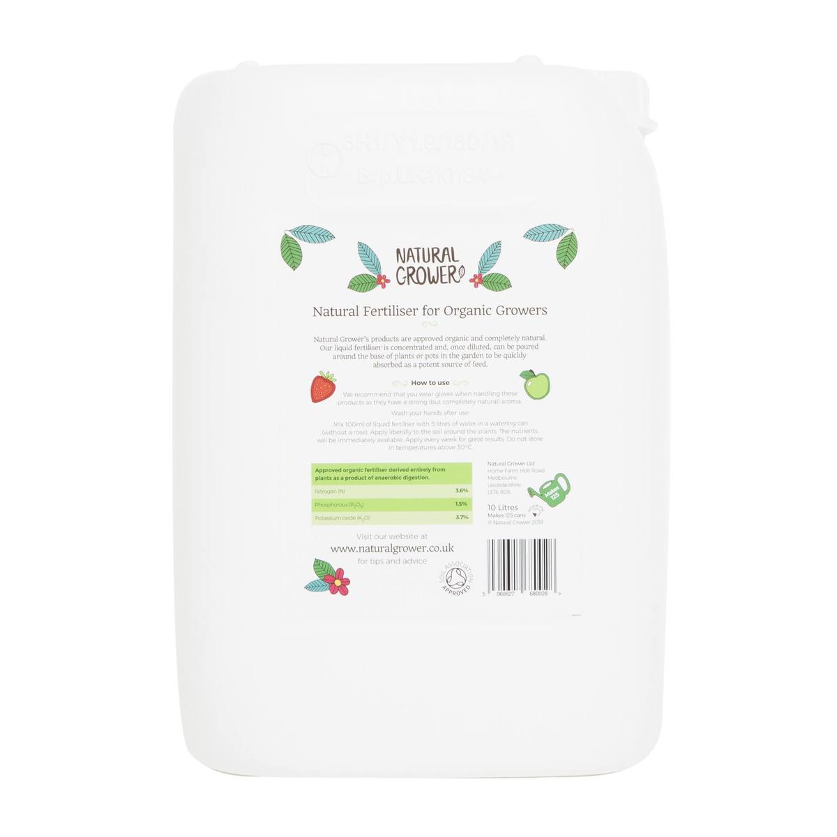Natural Grower Liquid Fertiliser 10L back label with dilution and application instructions