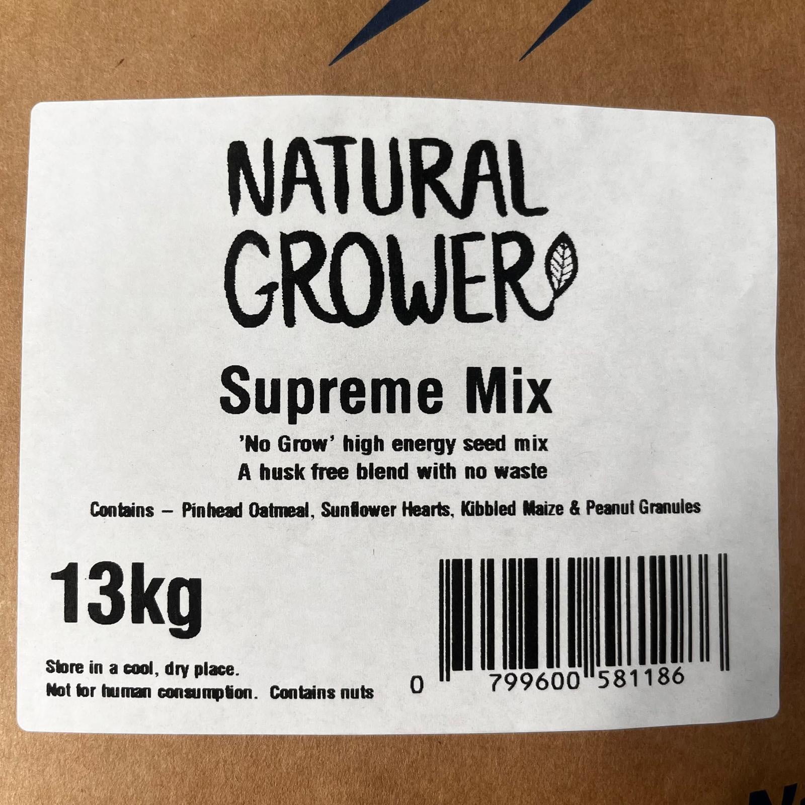 Natural Grower Wild Bird Feed 13kg. Contains Natural Pinhead Oats, Sunflower Hearts, Kibbled Maize and Peanut Granules.