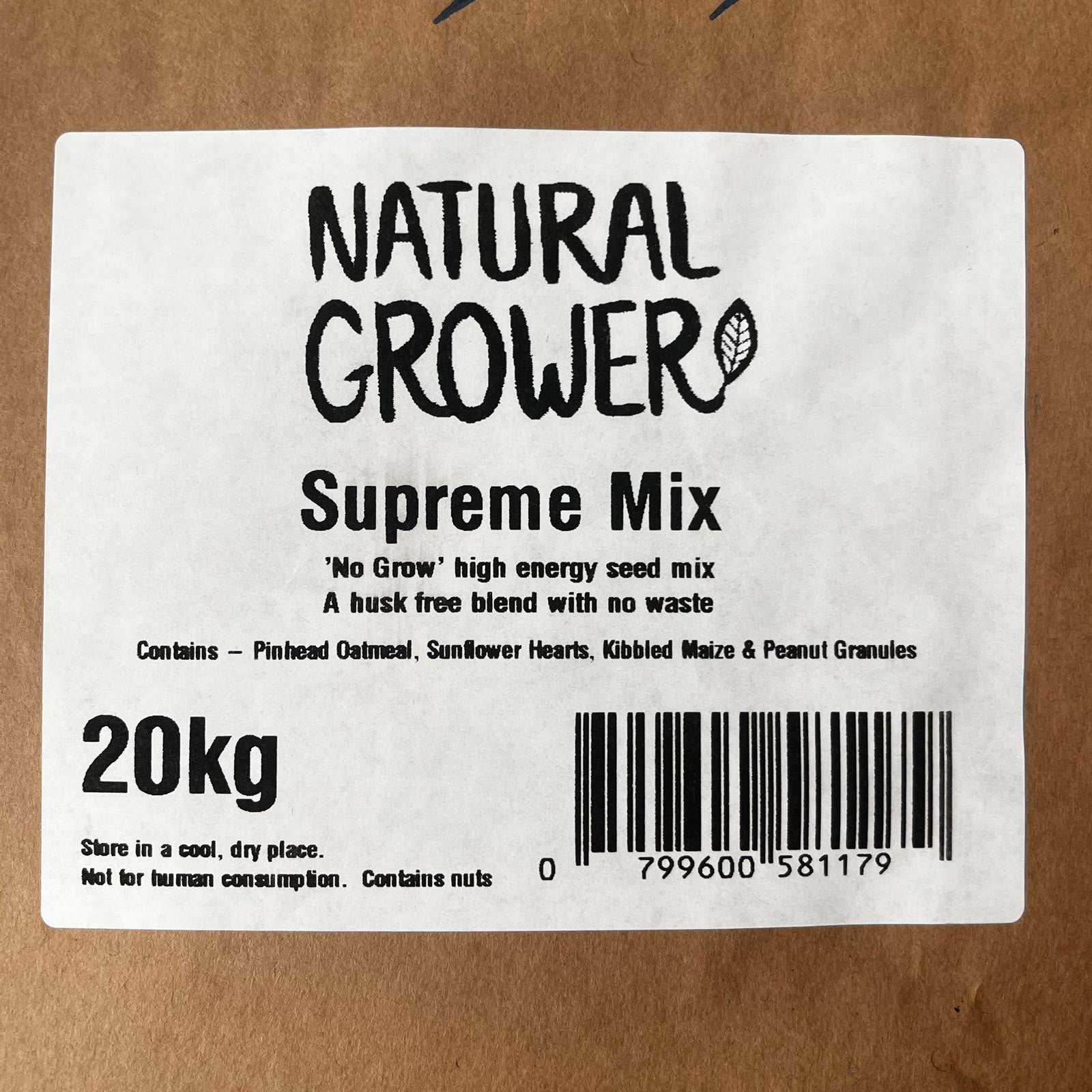 Natural Grower Wild Bird Feed 20kg. Contains Natural Pinhead Oats, Sunflower Hearts, Kibbled Maize and Peanut Granules.