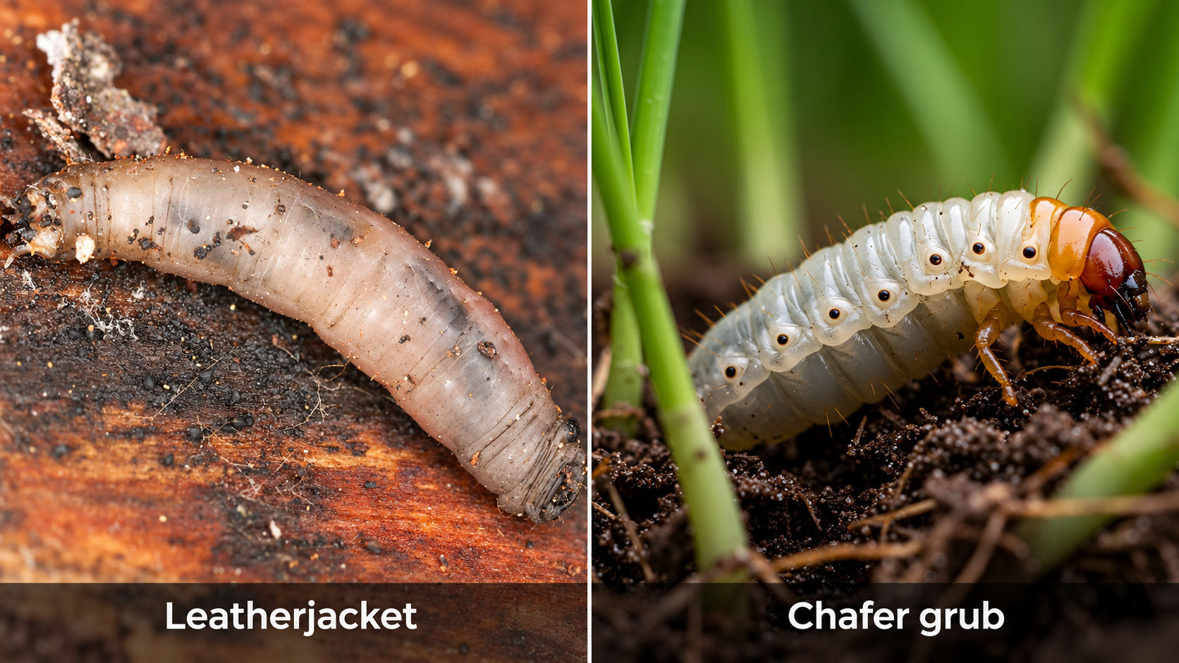 Side-by-side comparison of a grey leatherjacket larva and a curled white chafer grub with a brown head