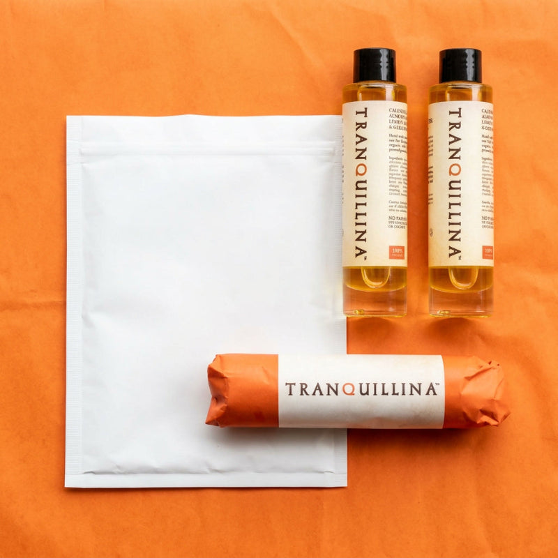 TranQuillina Calendula Bath, Shower and Body Oil with product packaging