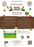 Illustrated guide showing how to use Natural Grower Plant Feed & Soil Improver in garden soil