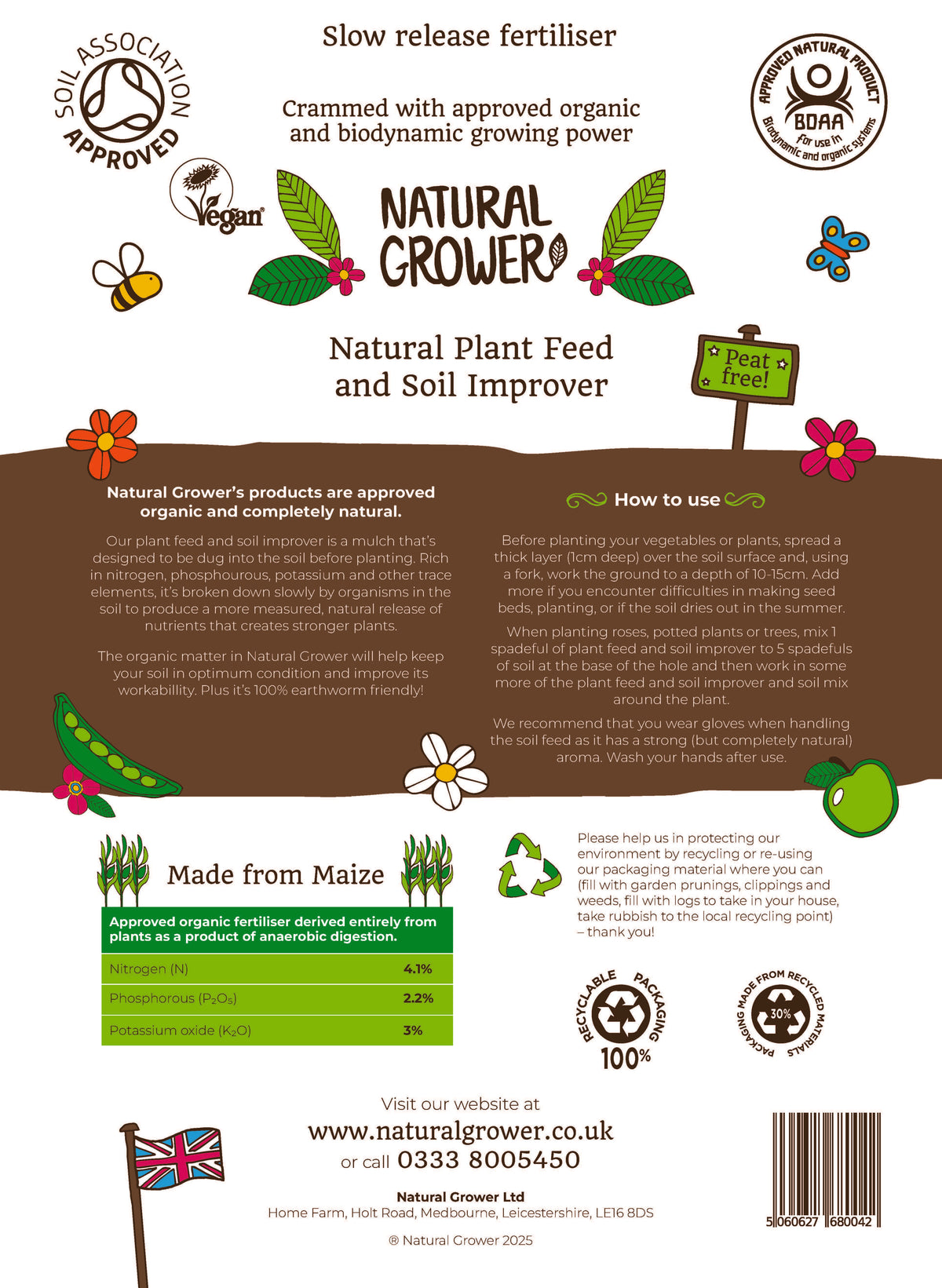 Illustrated guide showing how to use Natural Grower Plant Feed & Soil Improver in garden soil