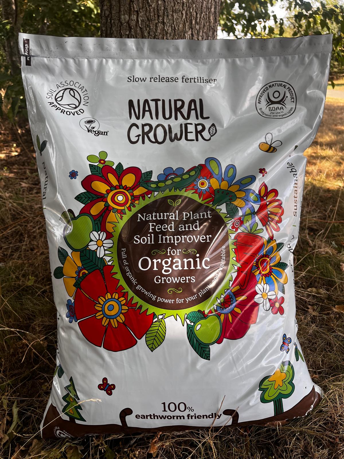 Natural Grower Plant Feed & Soil Improver bag showing product packaging and certifications