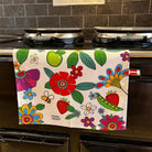 Natural Grower Flower Power organic cotton tea towel displayed in a kitchen